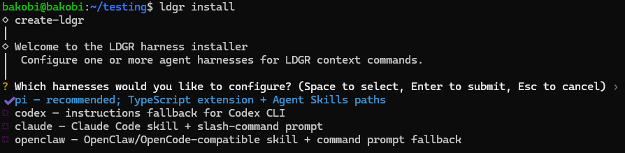 Terminal installer showing the agent harness selection prompt.