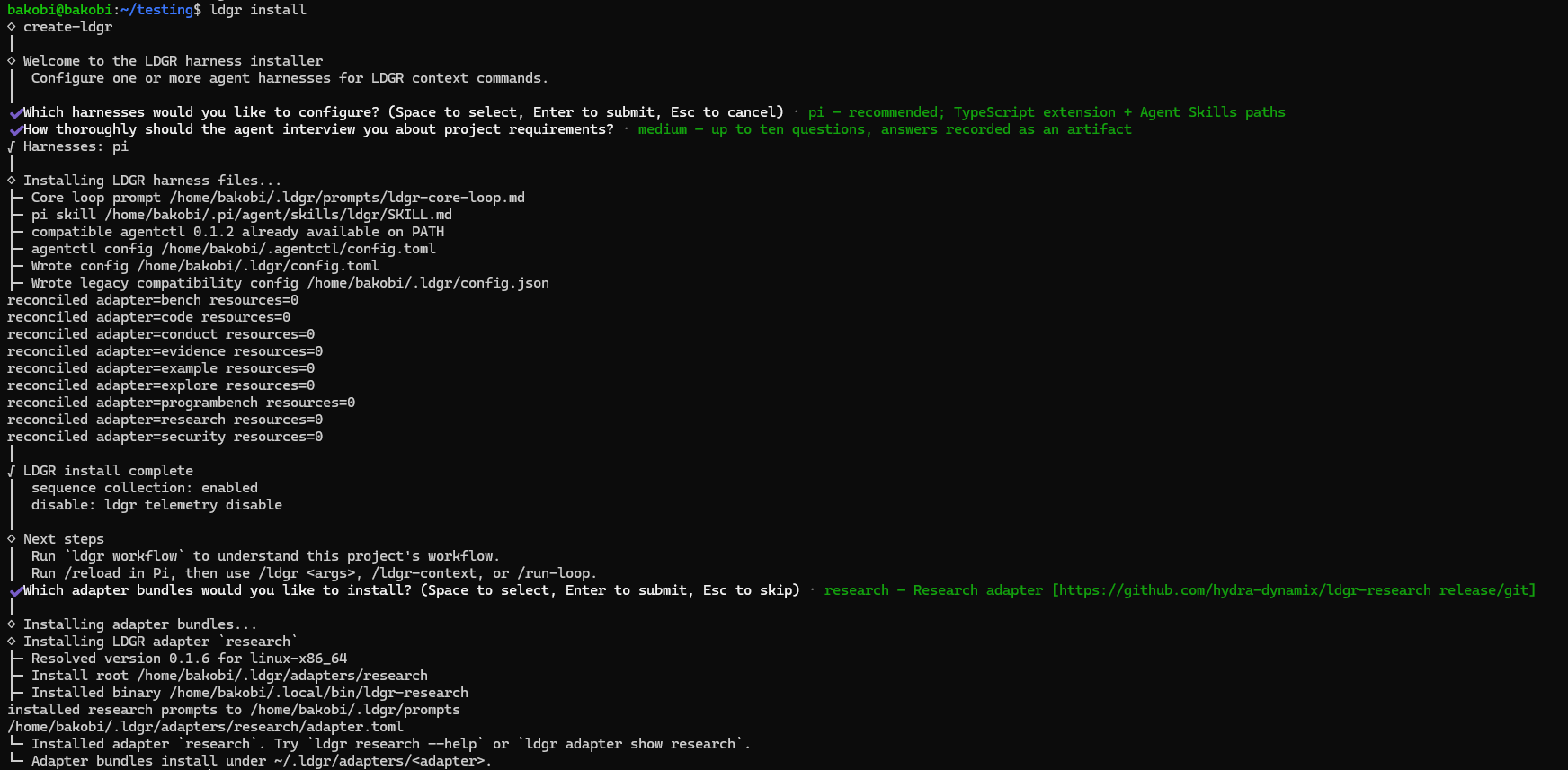 Completed terminal installation showing harness files, adapter installation, and next commands.